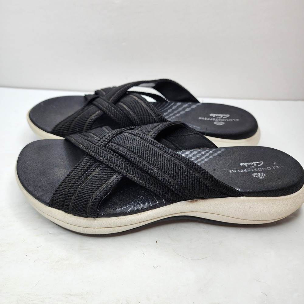 Clarks Cloudsteppers Mira Isle Sandals Women 6.5 Black Crisscross Slide Comfort